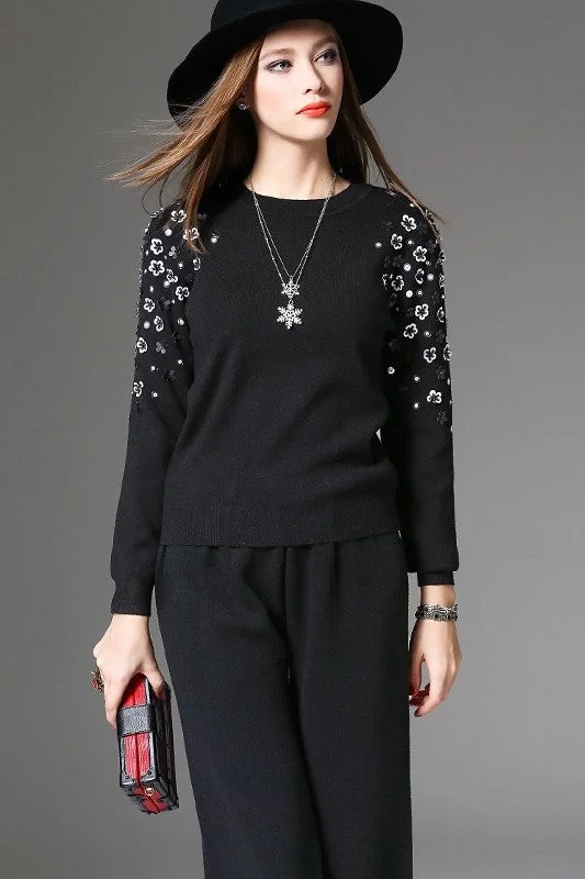 Mega Sale Black Sweater W/ 3D Flowers