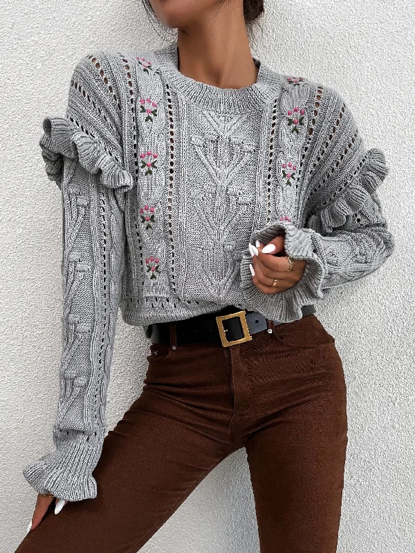YEAR-End Clearance Casual Floral Ruffle Long Sleeve Round Neck Regular Women Sweater