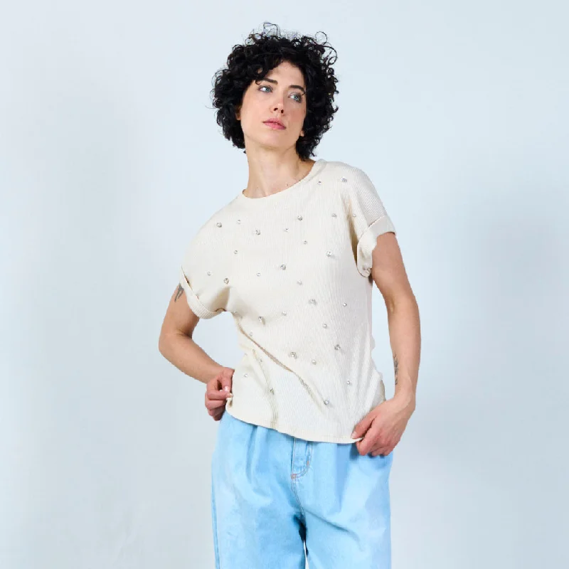 Don't Wait Knitted basic t-shirt with solid rhinestones wholesale