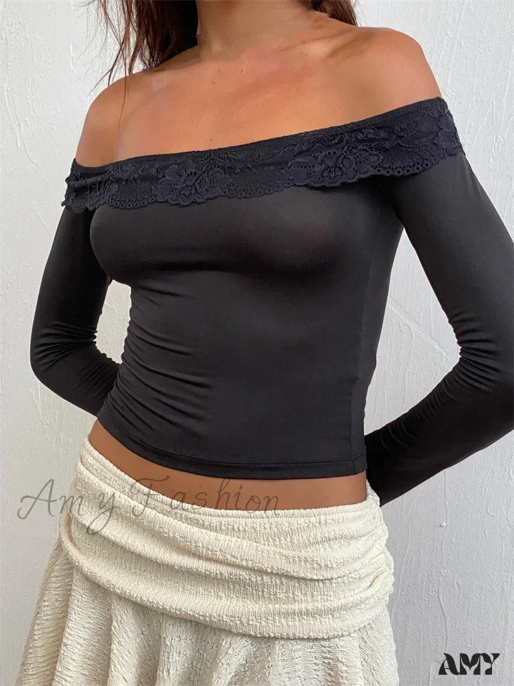 Midnight Madness Amy Fashion - Off Shoulder Cropped Lace Patchwork Long Sleeve Slash Neck T-Shirts