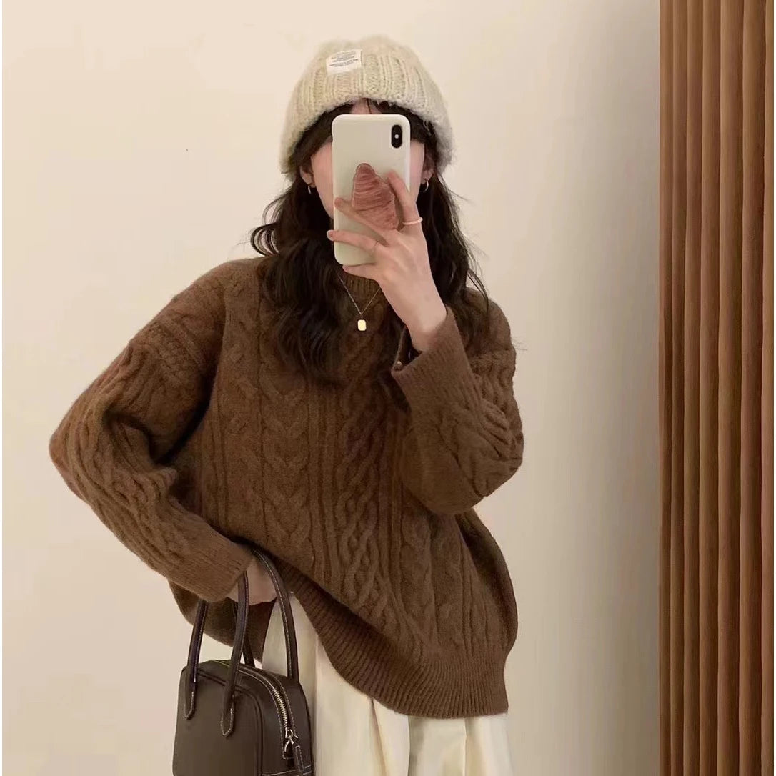 Low Prices 2024 Spring women high quality crew neck solid color long sleeve oversize cable knit pullover sweater jumper